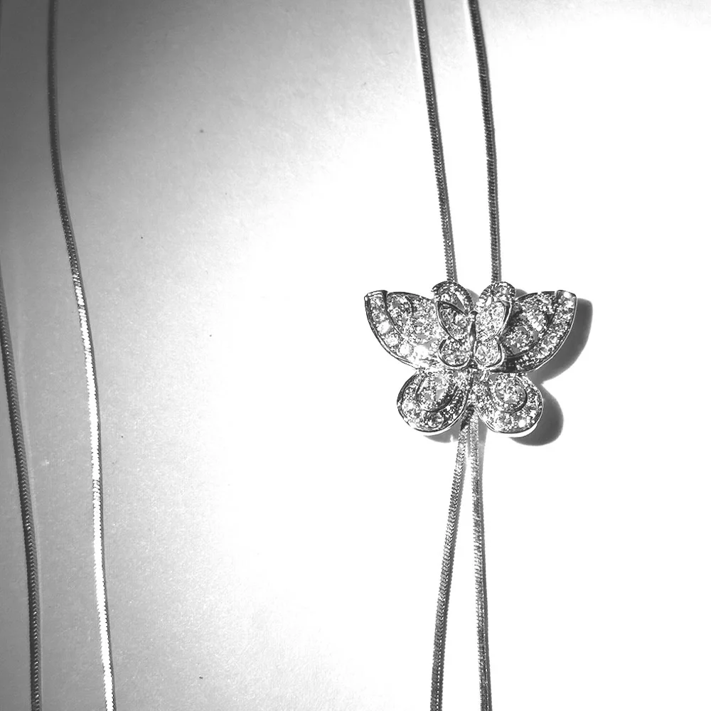 Crystal Butterfly Lariat Necklace Adjustable Silver